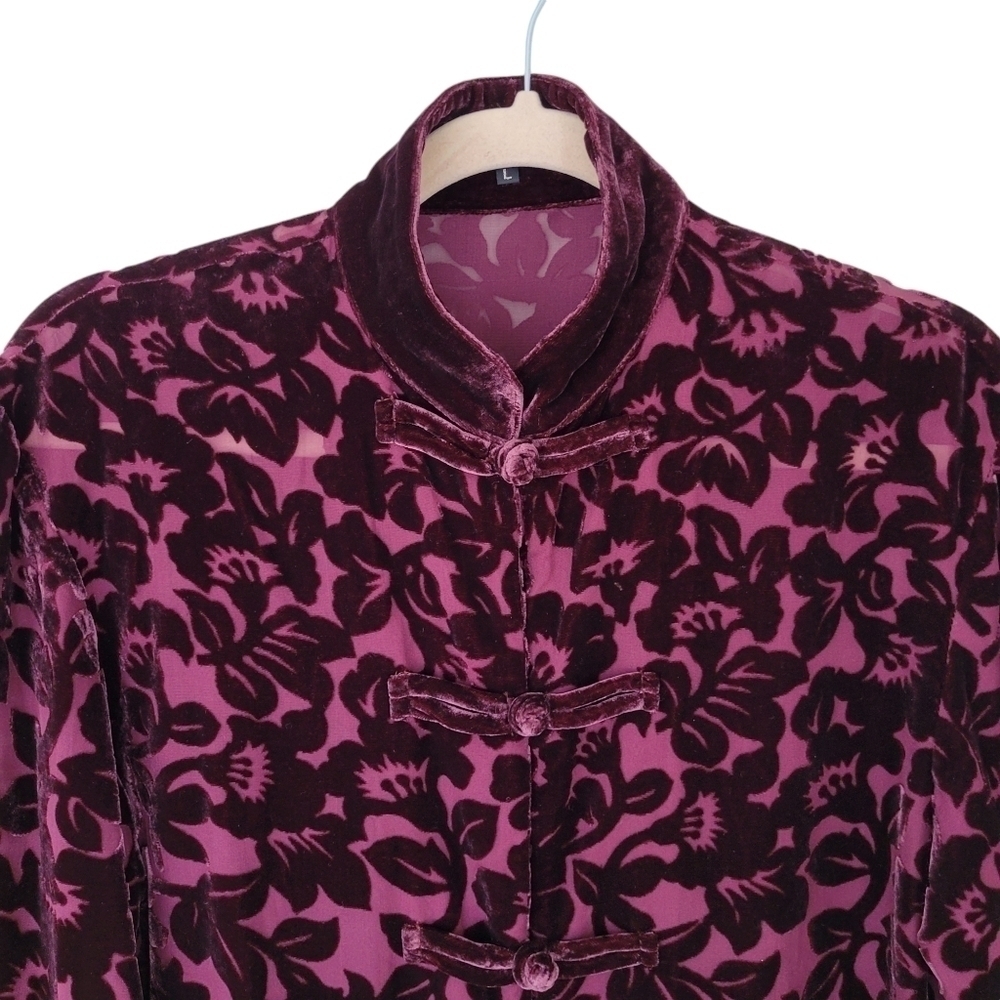 Burgundy Velvet Burnout Blouse Floral Design Asian Inspired Mandarin Collar - Picture 5 of 10